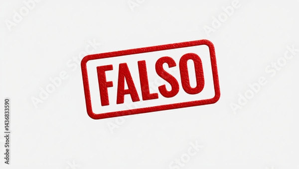 Fototapeta Imagem 3D de um carimbo vermelho com a palavra "FALSO" inclinada sobre fundo branco, representando erro, fraude, mentira, alerta ou informação incorreta.

