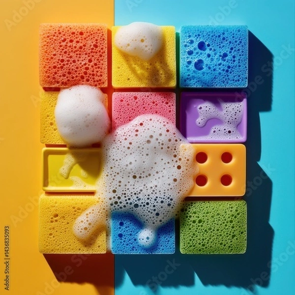 Obraz Colorful cleaning sponges with bubbles in a playful arrangement, perfect for a vibrant kitchen scene.