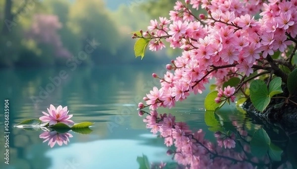 Fototapeta Delicate blossoms create repeating floral pattern across still lake water , fresh, quiet, color