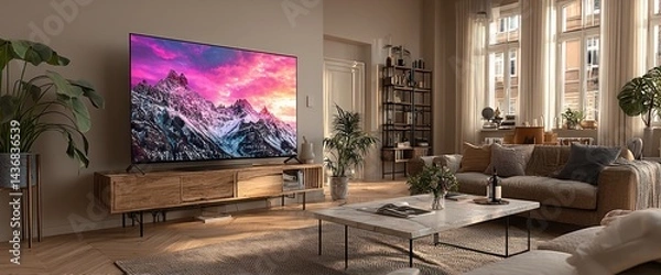 Fototapeta Modern Living Room with Large TV