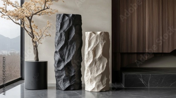 Fototapeta Textured Black and Beige Vases on Modern Interior