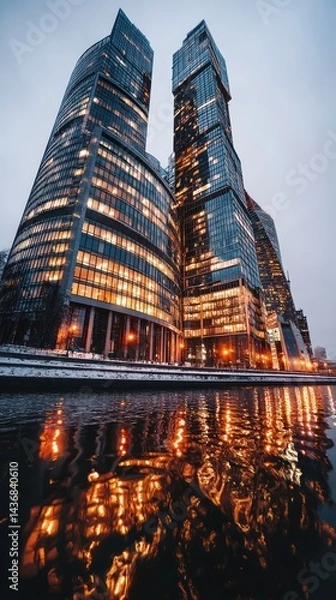 Fototapeta Modern skyscrapers reflecting in water at dusk