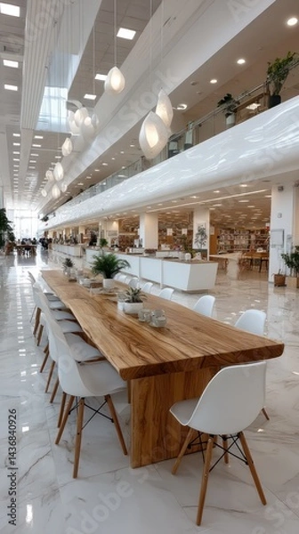 Fototapeta Modern, spacious library with long wooden table