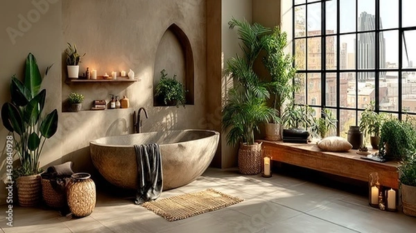 Fototapeta Modern spa bathroom with large window