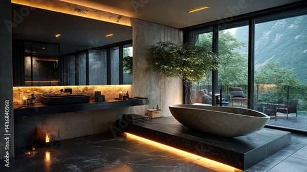 Fototapeta Modern spa-like bathroom with mountain view