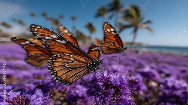 Fototapeta Monarch butterflies on a purple flower field near the ocean