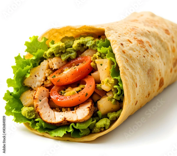 Fototapeta An isolated image of chicken breast wrap or zinger on a white background.