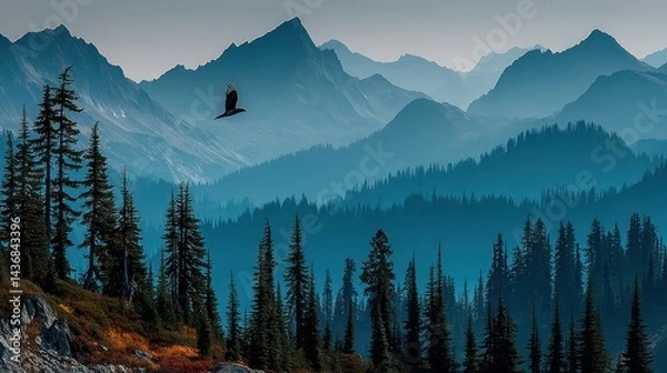 Fototapeta Mountain landscape with a bird in flight