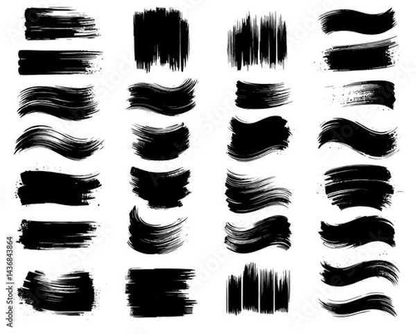 Fototapeta A set of black brush strokes on a white background. The brush strokes vary in length and direction, creating a sense of movement and energy. Scene is dynamic and expressive