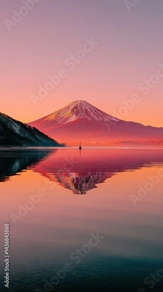 Fototapeta Mountain reflected in calm water, sunrise