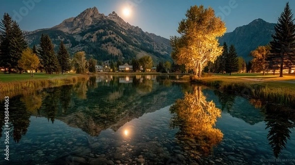 Fototapeta Mountain reflection at night