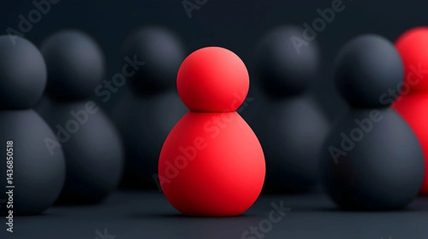 Fototapeta Red Figurine Standing Out From Black Crowd Abstract 3D Rendering