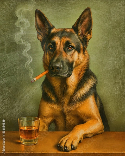 Fototapeta Funny Dog Art Sitting at Bar with Drink Generated with AI