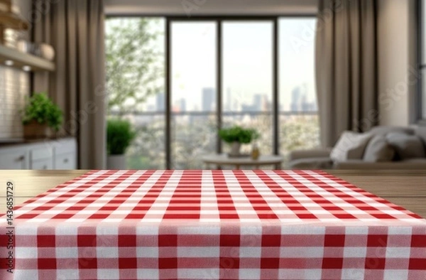 Fototapeta Red and white checkered tablecloth on a wooden table, overlooking a city view
