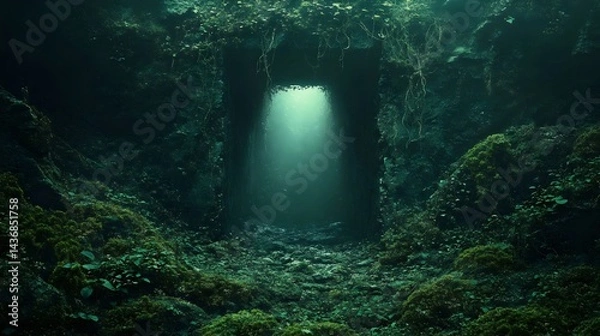 Fototapeta A mystical cave entrance glows invitingly amidst verdant moss and shaded rock formations.