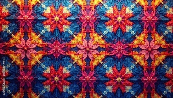 Fototapeta Repeating geometric textile print, vibrant hues, abstract, surface design