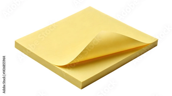 Fototapeta Close up shot of a stack of yellow sticky notes with one page being peeled back on transparent background