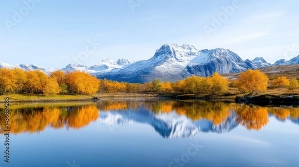 Fototapeta Autumnal lake reflecting snow-capped mountains.  Golden trees line the tranquil water's edge