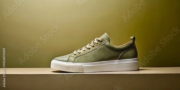 Obraz Autumnal Khaki Sneakers on Minimalist Podium - Stylish Fall Footwear