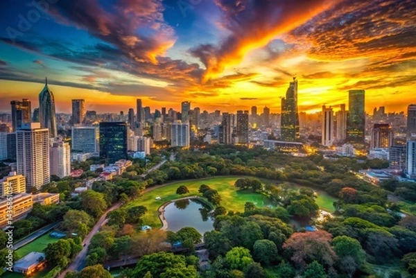Obraz Bangkok Sunset Skyline: Sukhumvit, Pathum Wan & Lumphini Park Aerial View