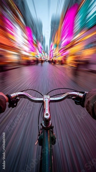 Obraz Night Ride: Speed and City Lights: A cyclist speeds through a vibrant city at night, the city lights blurring into streaks of color, creating a dynamic and energetic scene.