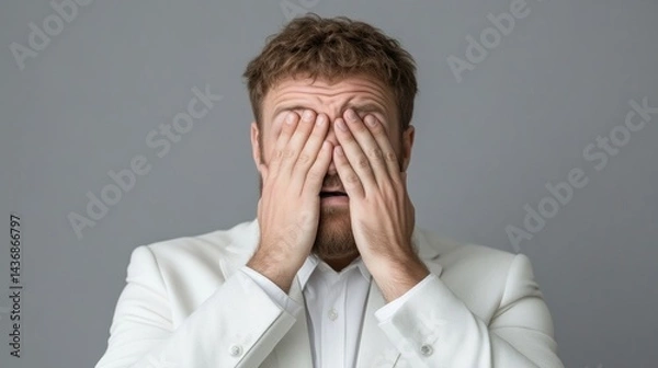 Fototapeta Man covering eyes in distress