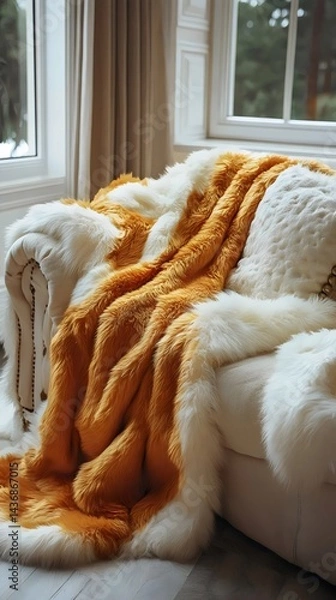 Fototapeta A luxuriously soft faux fur throw in warm orange and white drapes over a cream sofa.