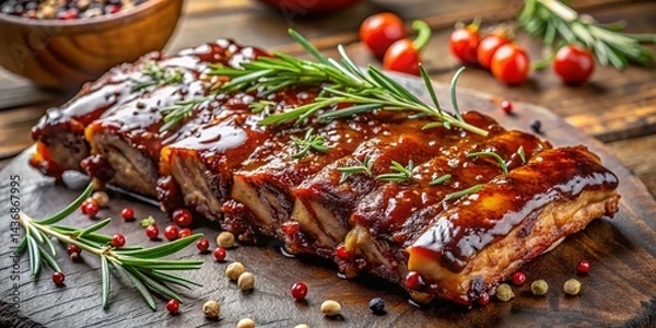 Obraz Close-Up of Glazed BBQ Ribs with Rosemary and Peppercorns - Delicious Fall-Off-the-Bone BBQ