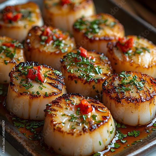 Obraz Seared Scallops with Fresh Herbs and Red Peppers – Gourmet Seafood Dish