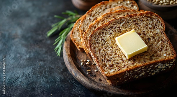 Obraz Sliced Whole-Grain Craft Bread with Butter – Fresh and Flavorful