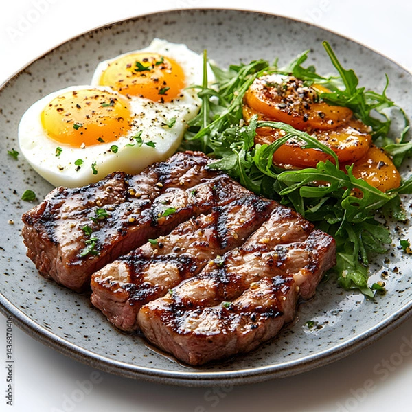 Obraz Grilled Steak and Fried Egg with Roasted Tomatoes – A Classic Breakfast