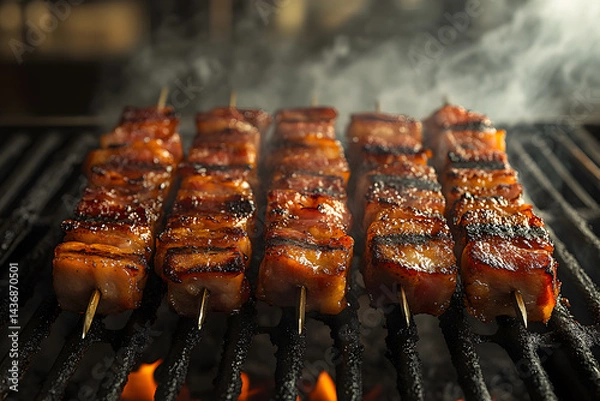 Obraz Sizzling Skewered Meat on the Grill – A Mouth-Watering BBQ Feast