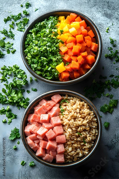Obraz Nutritious Bowls of Grilled Chicken, Brown Rice, and Fresh Vegetables