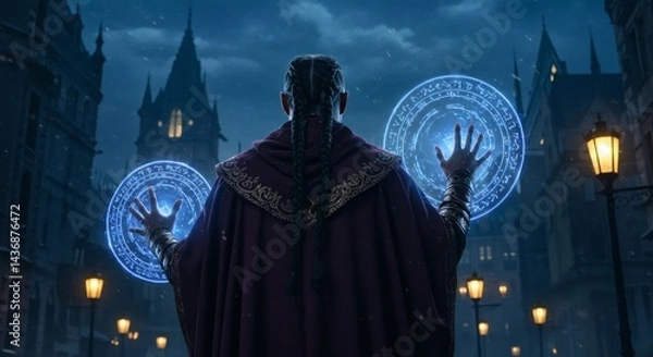 Fototapeta back view of a Powerful sorcerer in Dark Cityscape at Night