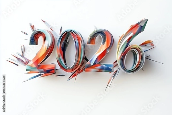 Fototapeta Dynamic render of 2026 created with colorful paper elements and bold design
