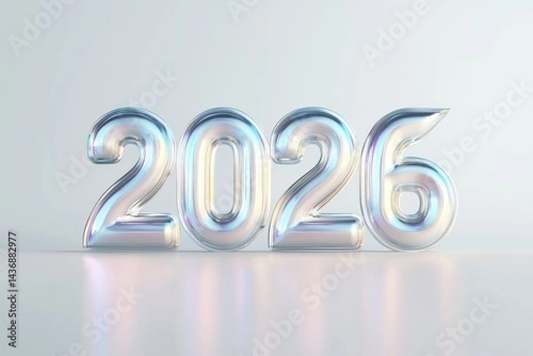 Fototapeta Three dimensional glossy text representing the year 2026 reflecting light and color