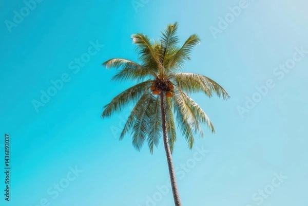 Fototapeta A tall palm tree against the blue sky, a single coconut on its top, a clear sunny day