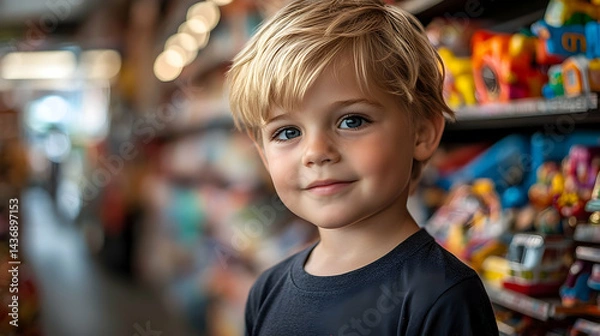 Fototapeta Portrait of a young boy in a toy store.