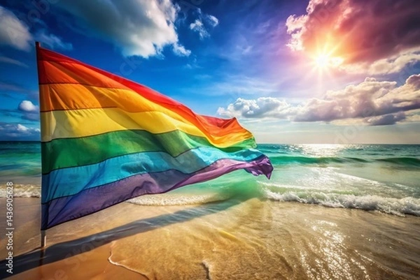 Obraz LGBTQ Pride Flag Beach Double Exposure - Vibrant Rainbow Colors & Ocean Waves