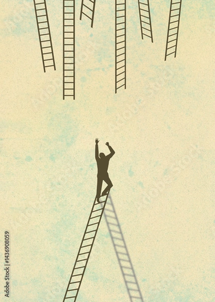 Fototapeta A man on a ladder is as high as he can go but still can't reach the ladders to take him to the top. This is a 3d illustration.