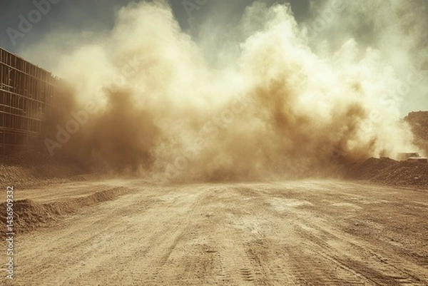 Fototapeta A large dust cloud billows across a construction site, obscuring vehicles and structures.
