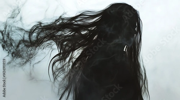 Fototapeta Ethereal figure with flowing black hair, emerging from smoke against a light background, creating an air of mystery and ethereal beauty.