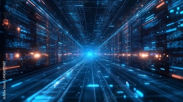 Fototapeta Infographic Diagrams Floating Above Endless Cyber Grid Illuminated By Blue Energy