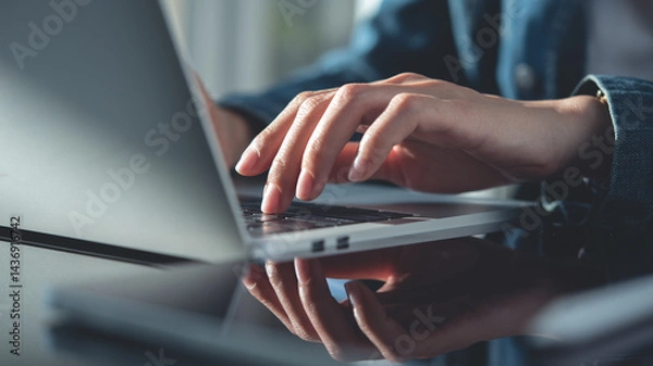 Fototapeta Closeup, business woman hands working and typing on laptop keyboard on glass table. Woman freelancer online working on laptop from home office, remotely work, distant job, social networking