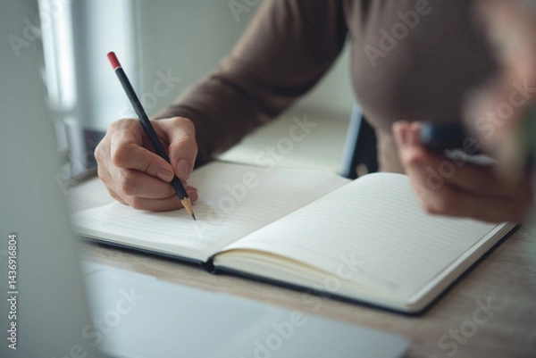 Fototapeta Close up, Woman hand with a pencil writing on paper notebook with laptop computer on office table. Business woman taking note on notebook, planning work schedule. Student study online, e-learning