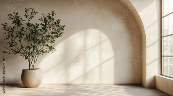 Fototapeta Product showcase display presentation backdrop, minimalist interior with a tall leafy potted plant and arched wall basked in natural light through a large window.