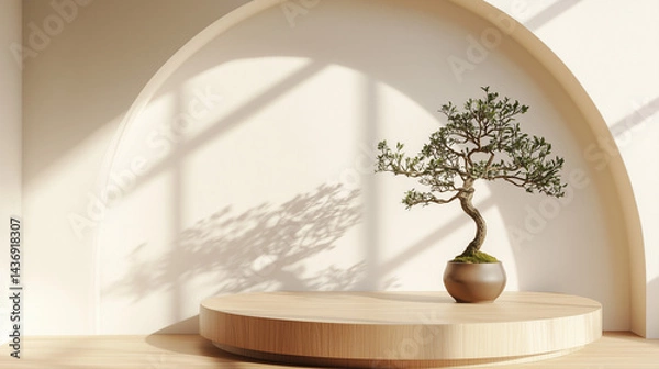 Fototapeta Japandi-style interior for product showcase display with a small bonsai tree in a ceramic pot on an oak wooden podium, with natural sunlight streaming through an arched wall. 