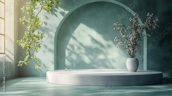 Fototapeta Product display showcase scene in soft teal walls, with a blossoming branch arrangement and leafs - ideal for branding, wellness, spa designs