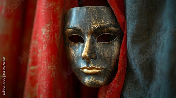 Fototapeta Dramatic theatrical mask partially hidden by crimson and gray drapery.