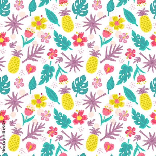 Fototapeta Seamless pattern with hand drawn summer tropical leaves and flowers. Can be used for wrapping paper, wedding invitation, wallpaper and textile design. Vector illustration